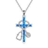 wholesale 925 Sterling Silver Blue Created Opal Cross Stethoscope Pendant Necklace for Nurses Gifts-1-Stethoscope-Blue Opal