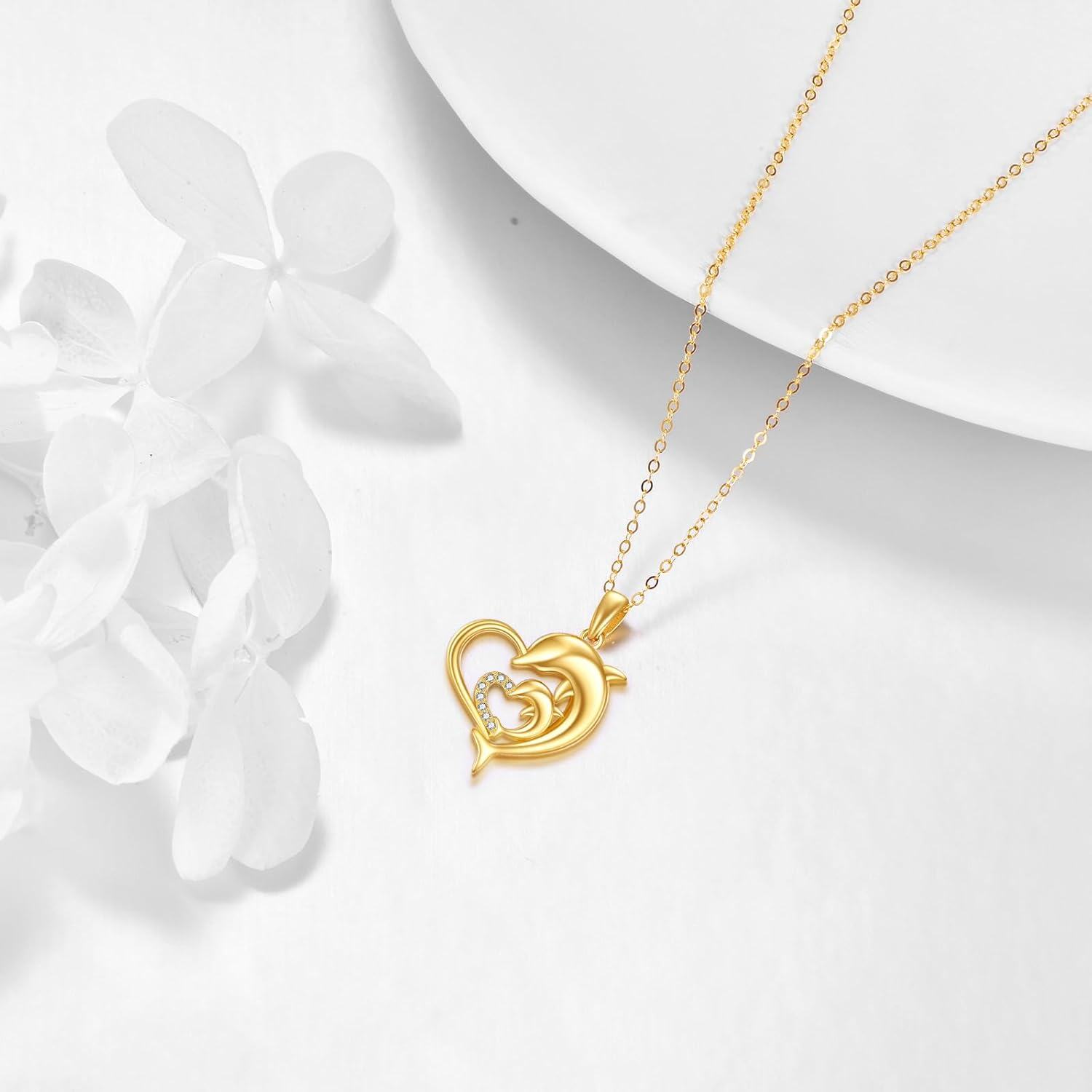 wholesale 14K Gold Dolphin in Heart Shape Pendant Necklace with Cubic Zirconia Gifts for Women-0-3