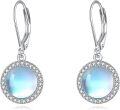 wholesale 925 Sterling Silver Round Moonstone Leverback Dangle Drop Earrings with Cubic Zirconia Halo 3cm Long-0-0