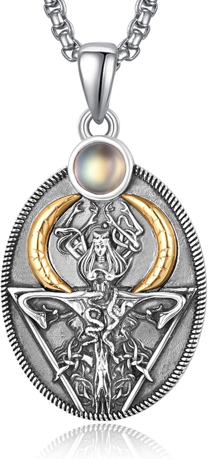 wholesale 925 Sterling Silver Onyx Witch's Knot Tetragrammaton Hecate Lilith Pendant Necklaces for Women Gothic Triple Moon Goddess Jewelry 36 Chain-0-0
