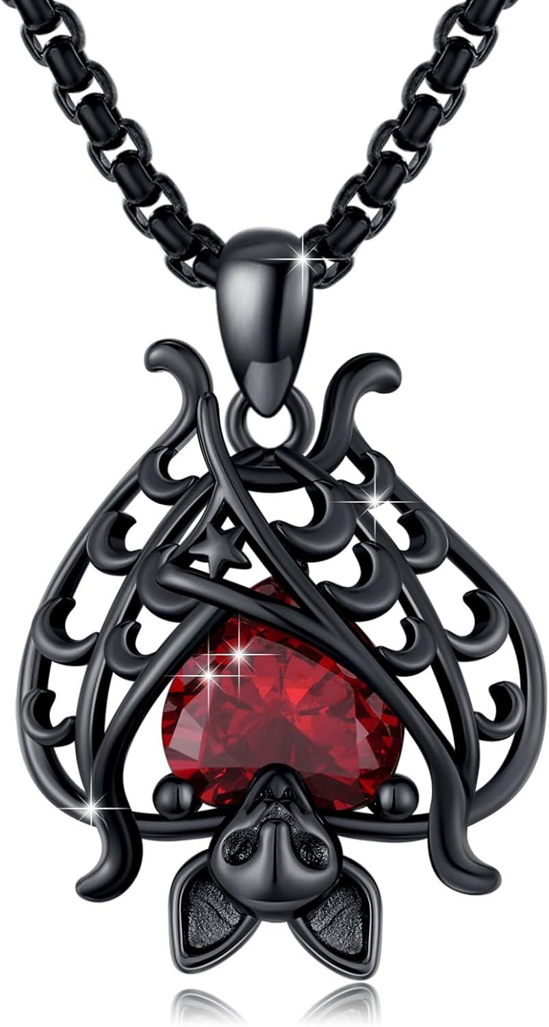 Sterling Silver Bat Necklace Gothic Jewelry for Women Men Halloween Birthday-Openwork Wing-Black