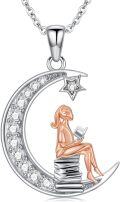 wholesale 925 Sterling Silver Crescent Moon Star Girl Reading Books Pendant Necklace for Women-0-0