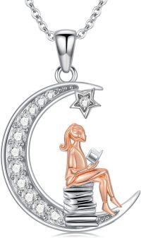 wholesale 925 Sterling Silver Crescent Moon Star Girl Reading Books Pendant Necklace for Women-Reading