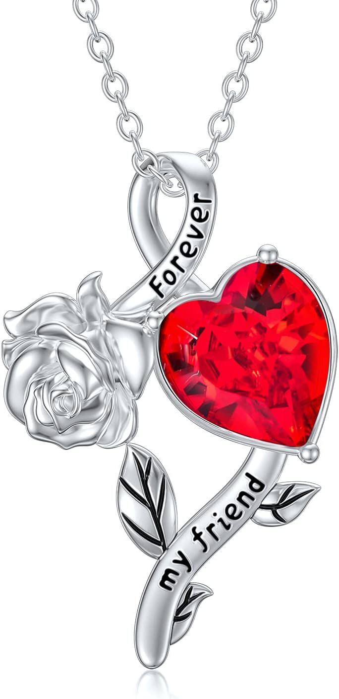 Sterling Silver Rose Lotus Necklace with Opal Crystal Lily Moss Agate-Red Heart Rose