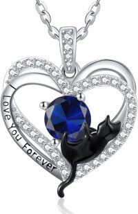 wholesale Sterling Silver Birthstone Cat Projection Heart Pendant Necklace-09 Sep - Sapphire-09 Sep - Sapphire