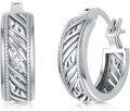 wholesale 925 Sterling Silver Bali Feather Patterned Huggie Hoop Earrings with Leaf Design and Braided Edges - 14mm Diameter-0-0