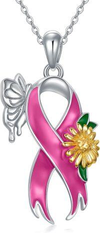 wholesale 925 Sterling Silver Pink Ribbon Butterfly Dragonfly Daisy Flower Pendant Necklace for Breast Cancer Awareness Survivors Gift-Sunflower Pink Ribbon