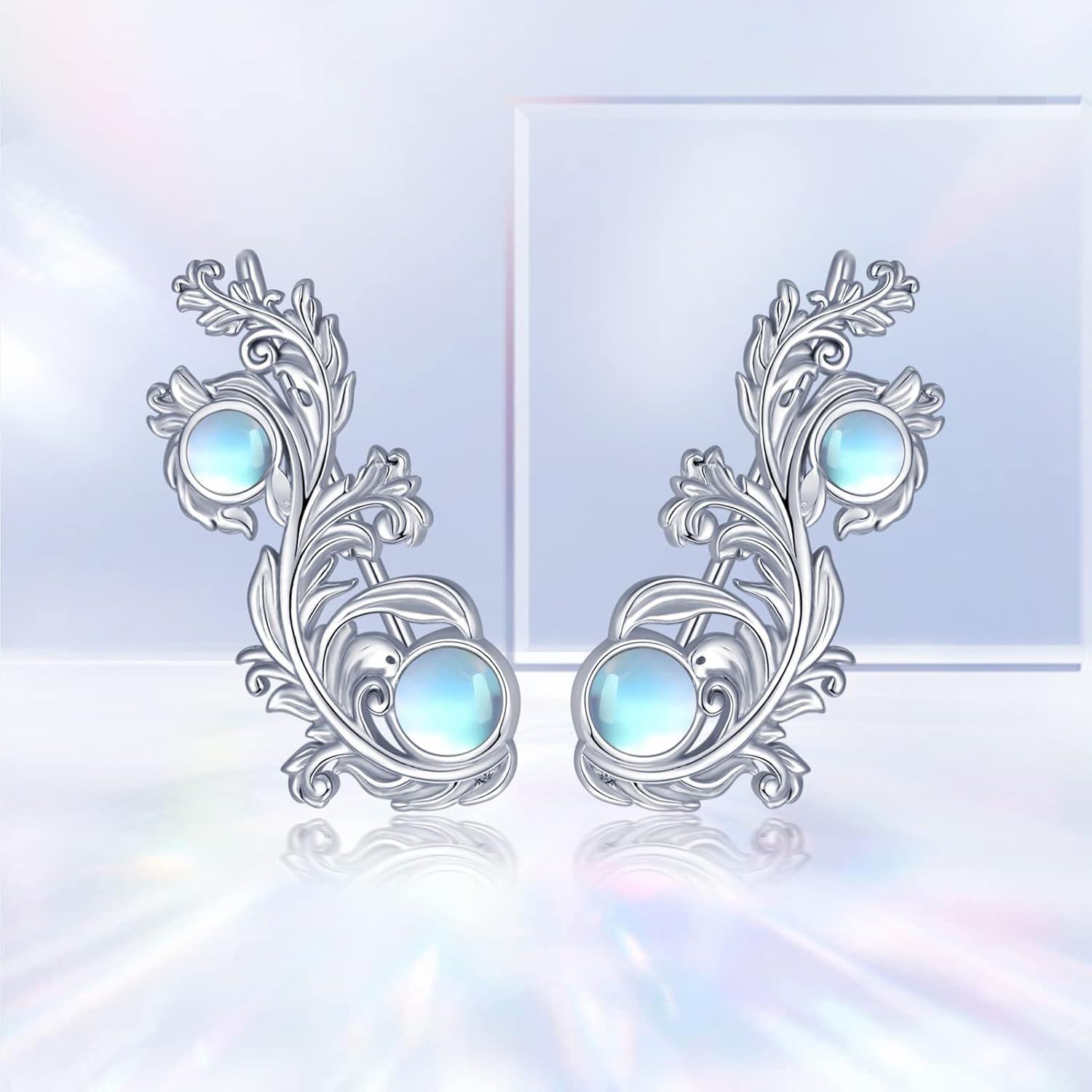 925 Sterling Silver Blue Moonstone Flower Vine Ear Climbers Jewelry for Women Girls Gift-0-3