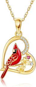 wholesale 14K Gold Cardinal Bird Heart-Shaped Pendant Necklace with Red Enamel and White Cubic Zirconia Stones for Women's-0-0