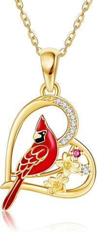 wholesale 14K Gold Cardinal Bird Heart-Shaped Pendant Necklace with Red Enamel and White Cubic Zirconia Stones for Women's-Cardinal Necklace