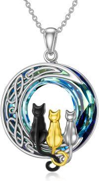 wholesale 925 Sterling Silver Cat on the Moon Pendant Necklace with Blue Circle Crystal for Women-3 Cats(Black, Yellow Gold, and Silver)-Blue Crystal-03-A
