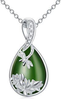 wholesale 925 Sterling Silver Green Jade Pendant Necklace with Lotus Flower and Dragonfly Charm Gift for Women Mother's Day-Dragonfly-White Gold