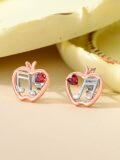wholesale 925 Sterling Silver Heart-Shaped Red Crystal Apple Stud Earrings w/Book & Music Notes - Teacher Gift Jewelry-0-7