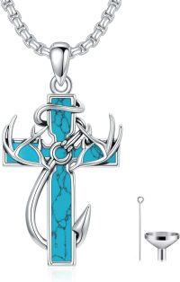 wholesale Sterling Silver Deer Antler Fish Hook Urn Necklace for Ashes Engravable Memorial Jewelry for Men-1-5-Cross-Turquoise-1-5-Cross-Turquoise-Custom