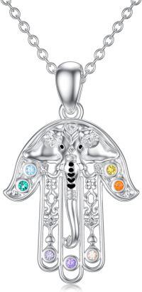 wholesale 925 Sterling Silver Metal Hand Pendant Necklace with Gemstones and Elephant Design-Hamsa Elephant 7 chakra