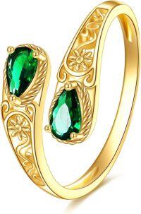 wholesale 14K Gold Spoon Ring, Adjustable Open Design, Hypoallergenic, Ideal for Daily Wear & Gifts, Size US 7-Emerald