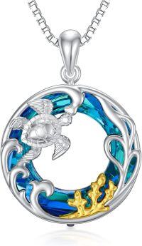 wholesale 925 Sterling Silver Turtle Ocean Wave Pendant Necklace with Blue Crystal Accents and Gold Coral Design-Sea Turtle