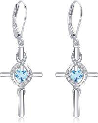 wholesale 925 Sterling Silver Birthstone Cross Dangle Earrings for Women-03-Mar-Created Aquamarine
