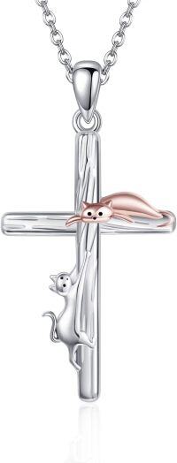 wholesale 925 Sterling Silver Cat Cross Pendant Necklace with Rose Gold Plated Accents - Irish Celtic s for Women and Girls-Cat