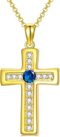 wholesale 925 Sterling Silver Gold Plated Cubic Zirconia Birthstone Cross Necklace-I.Dark Blue-September-Sapphire