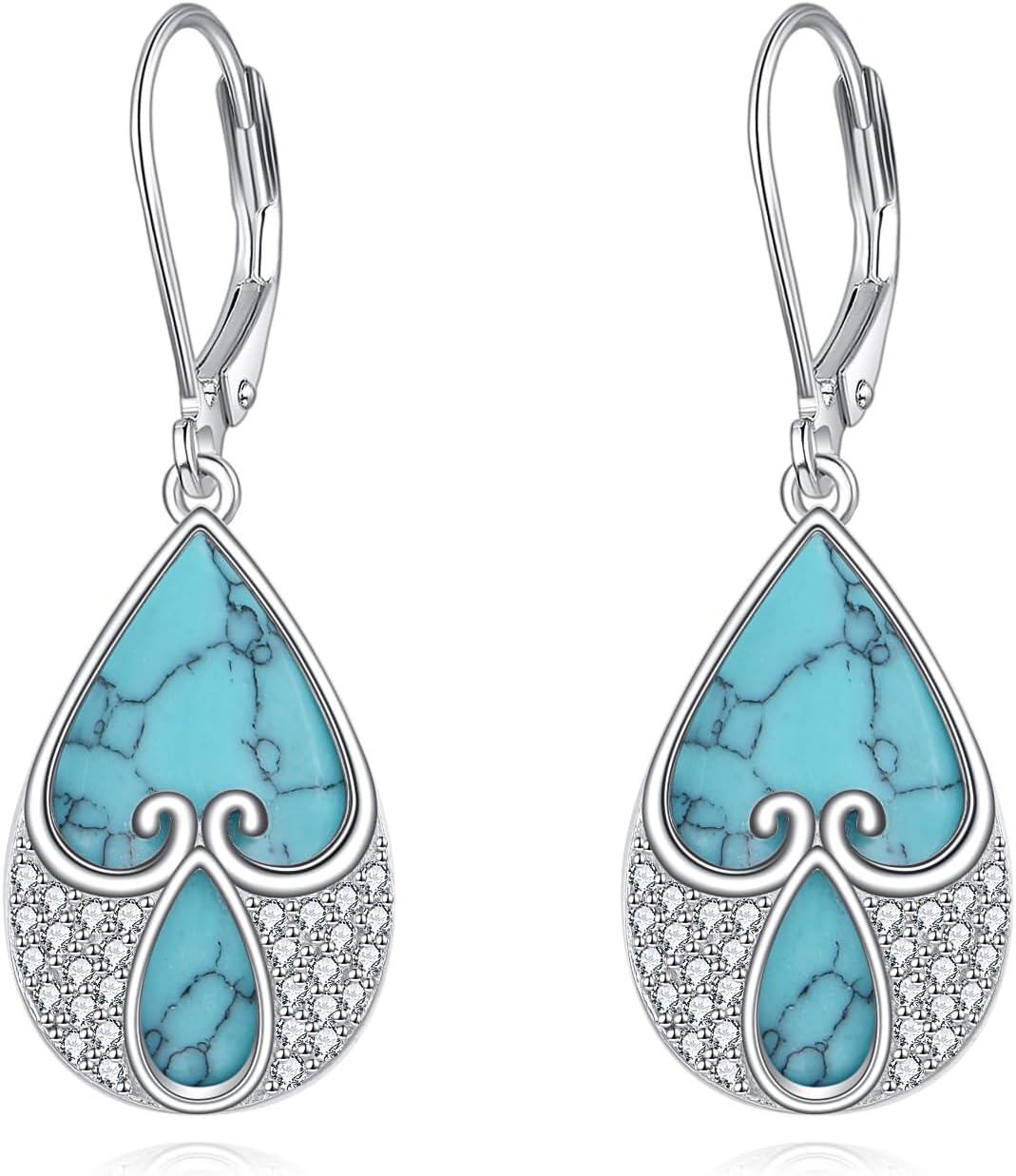 Sterling Silver Moonstone Dangle Drop Earrings Leverback Jewelry-H-Cubic Zirconia turquoise