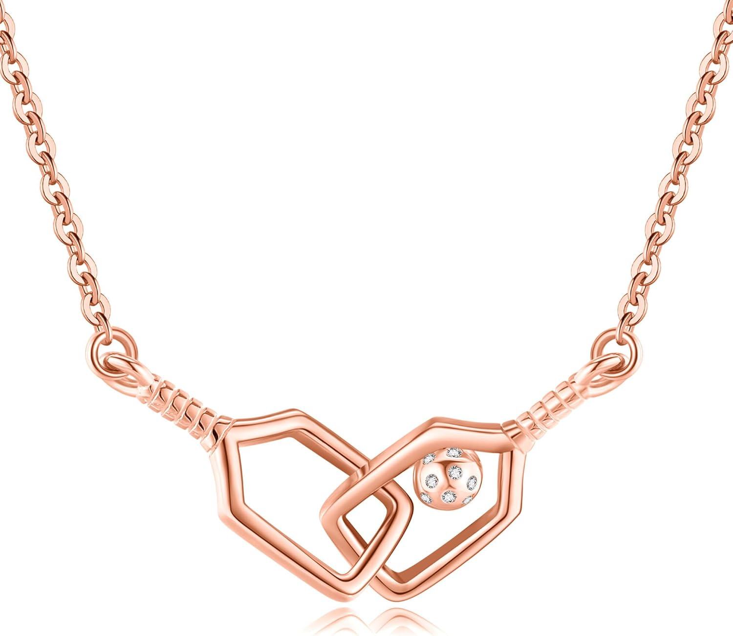 Rose Gold 925 Sterling Silver Pickleball Paddle & Ball Charm Necklace for Women-0-0