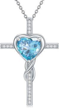 wholesale TOUPOP Aquamarine Cross Necklace For Women Sterling Silver March Birthstone Cross Pendant Necklace Heart Cross Christian Jewelry Birthday Christmas Gifts For Women Her -undefined