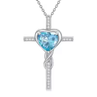 TOUPOP Sterling Silver Aquamarine Cross Pendant Necklace-undefined