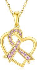wholesale 14K Gold Pink Crystal Ribbon Heart Pendant Necklace - 18 Inches Chain-0-0
