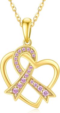 wholesale 14K Gold Pink Crystal Ribbon Heart Pendant Necklace - 18 Inches Chain-Yellow Gold