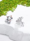 wholesale 925 Sterling Silver Cat Stud Earrings with Heart Charm - Cute Kitty  for Women Girls-0-5