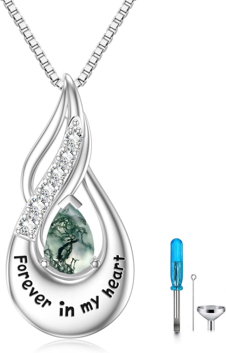 Sterling Silver Moonstone Opal Turquoise Larimar Black Onyx Cremation Jewelry for Ashes-Non-custom-A Moss Agate-A Moss Agate Non-custom