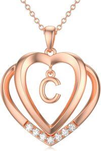 wholesale Sterling Silver Moissanite Heart Initial Pendant Necklace for Her-Rose Gold - C Initial
