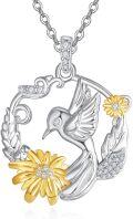 wholesale 925 Sterling Silver Hummingbird & Daisy Flower Pendant Necklace with CZ Stones and Gold Accents for Women's Gifts (18 + 2)-0-0