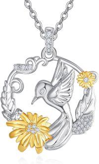 wholesale 925 Sterling Silver Hummingbird & Daisy Flower Pendant Necklace with CZ Stones and Gold Accents for Women's Gifts (18 + 2)-D-Hummingbird