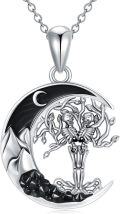 wholesale 925 Sterling Silver Black Onyx Tree of Life Skeletons Crescent Moon Pendant Necklace for Women Wife Girlfriend-0-0
