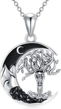 wholesale 925 Sterling Silver Black Onyx Tree of Life Skeletons Crescent Moon Pendant Necklace for Women Wife Girlfriend-Coulp-Skeleton Tree