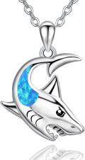 wholesale 925 Sterling Silver Blue Fire Opal Shark Head Pendant Necklace for Women-0-0