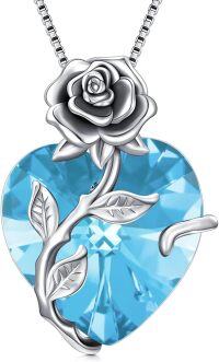 wholesale Sterling Silver Crystal Rose Flower Heart Pendant Necklace-03-Mar - Created Aquamarine