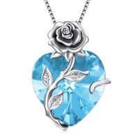 wholesale 925 Sterling Silver Crystal Rose Flower Heart Pendant Necklace-03-Mar - Created Aquamarine