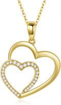 wholesale 14K Gold & Cubic Zirconia Heart Necklace, 18mm Double Heart Pendant, 16+2 Adjustable Chain, Gift for Women-0-0