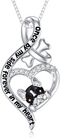 wholesale 925 Sterling Silver Black and White Heart Pendant with Dog Charm Necklace for Women Girls Gifts-Bulldog