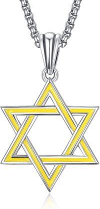 wholesale 925 Sterling Silver Yellow Enamel Star of David Pendant Necklaces for Men s-Yellow Enamel