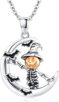 wholesale 925 Sterling Silver Witch Skeleton Moon Pendant Gothic Halloween Necklace-Pumpkin