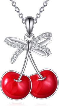 wholesale 925 Sterling Silver Double Red Cherry Bowknot Pendant Necklace for Women-A-Cherry