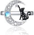 wholesale 925 Sterling Silver Black Cat with Crescent Moon & Star Adjustable Ring for Women-0-0