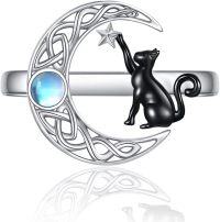 wholesale 925 Sterling Silver Black Cat with Crescent Moon & Star Adjustable Ring for Women-Moon Cat Ring