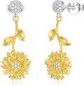 wholesale 925 Sterling Silver Yellow Gold Plated Cubic Zirconia Sunflower Drop Stud Earrings for Women-0-0