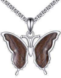 wholesale 925 Sterling Silver Butterfly Wooden Pendant Necklace with Mustard Seed Accents-Butterfly