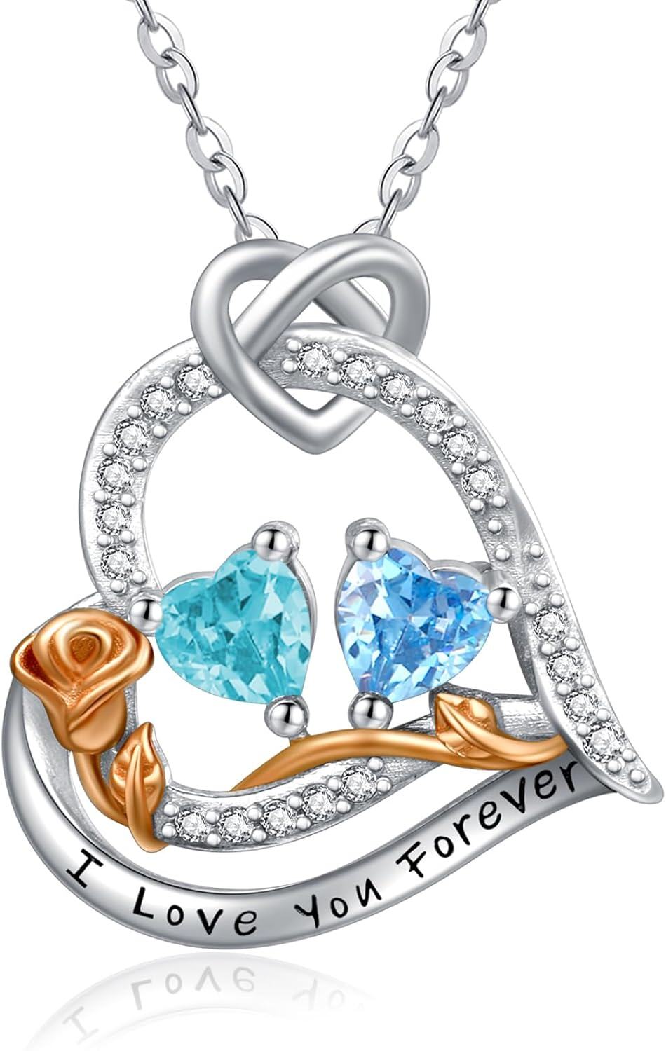  Sterling Silver 2 Birthstones Rose Heart Necklace for Women -03-12-Mar-Dec